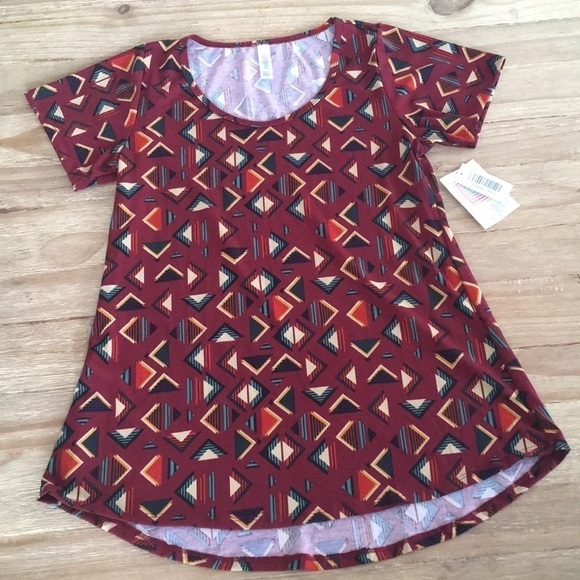 LuLaRoe CLASSIC T Tee Shirt Maroon Black Geometric - Picture 1 of 3